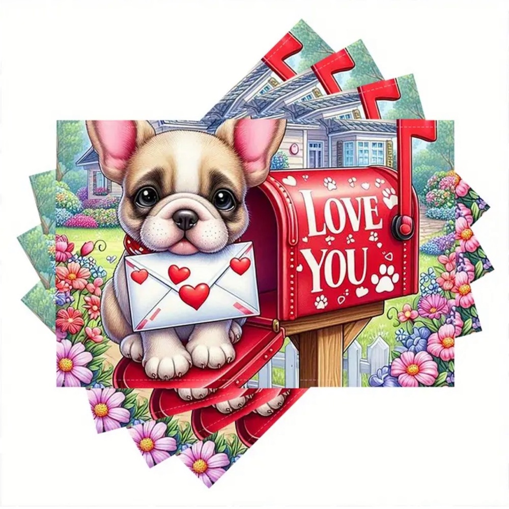 Set of 4 French Bulldog/Boston Terrier Love Letter Linen Placemats
